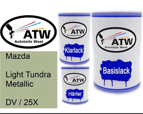 Mazda, Light Tundra Metallic, DV / 25X: 500ml Lackdose + 500ml Klarlack + 250ml Härter - Set, von ATW Autoteile West.